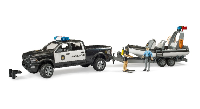 BRUDER Pick-up de police RAM 2500 avec module L+S, remorque, bateau, policière et plongeur