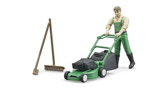 Figurine bworld jardinier avec tondeuse à gazon